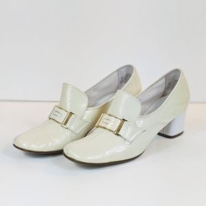White Vintage Square Toe Block Heel Loafers Size 8